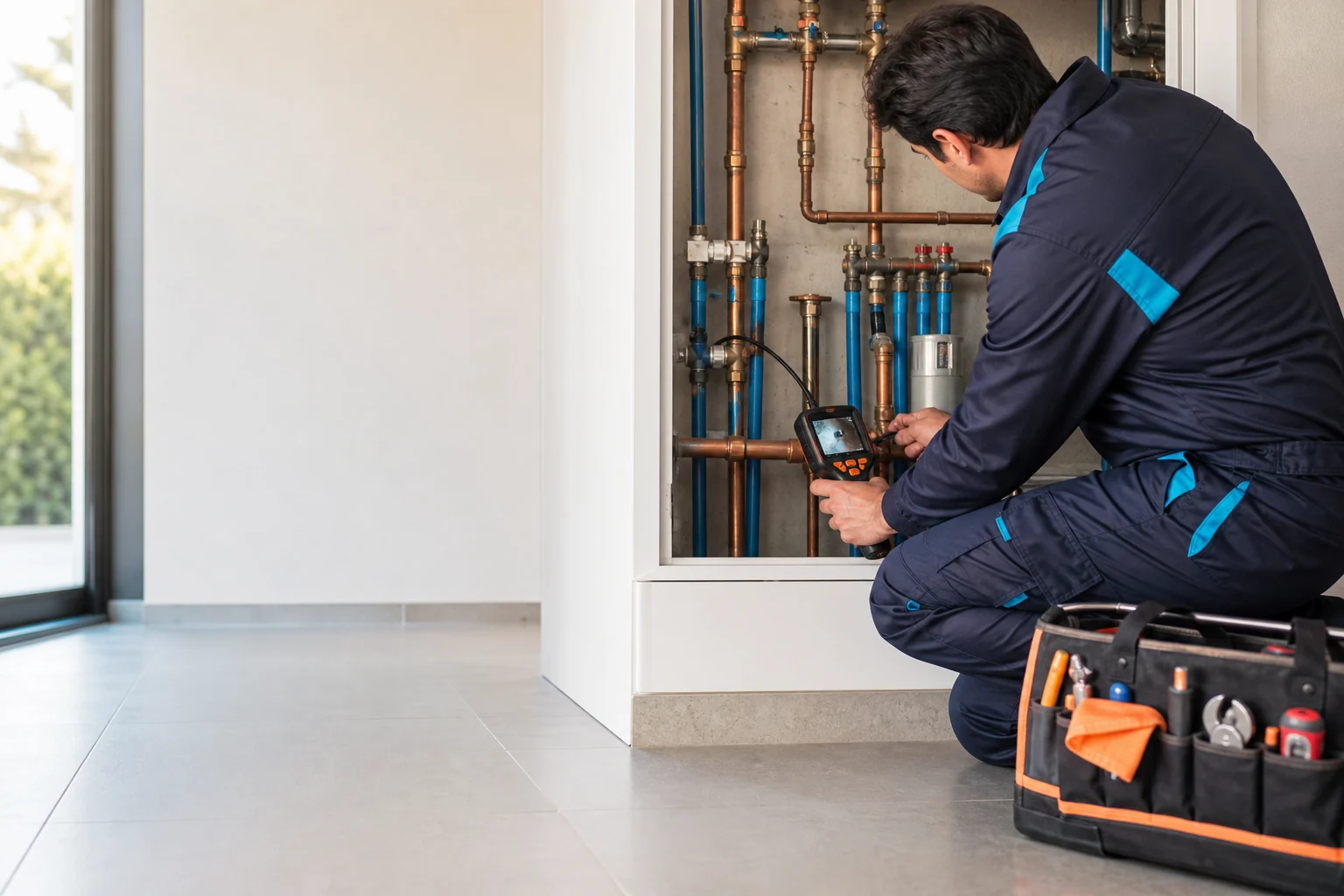 Gasfíter realizando una reparación sanitaria a domicilio en Santiago